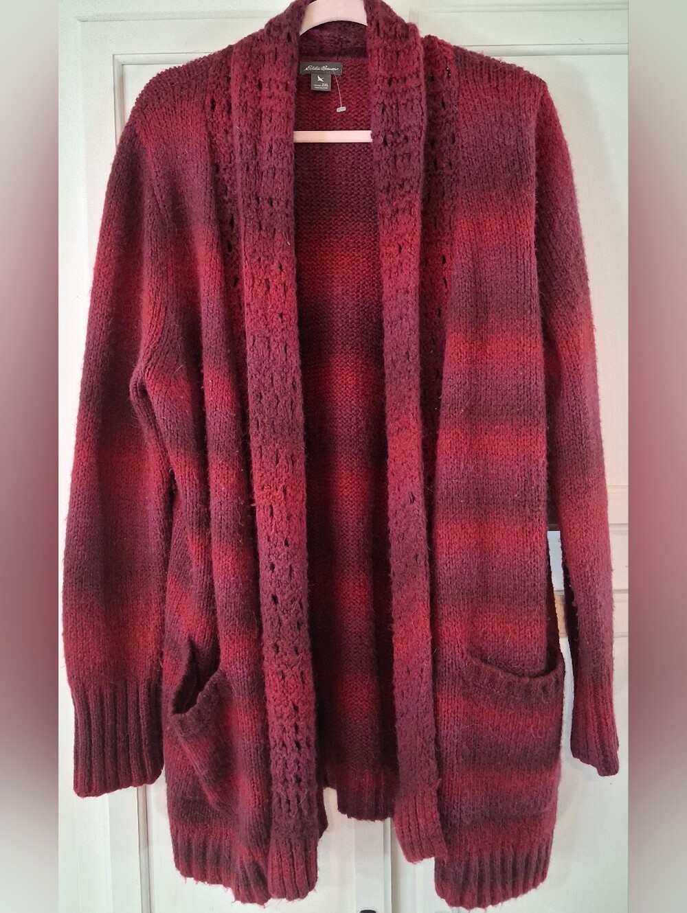 Eddie Bauer open-front knit cardigan, cozy red and maroon ombre, pockets, 2XL